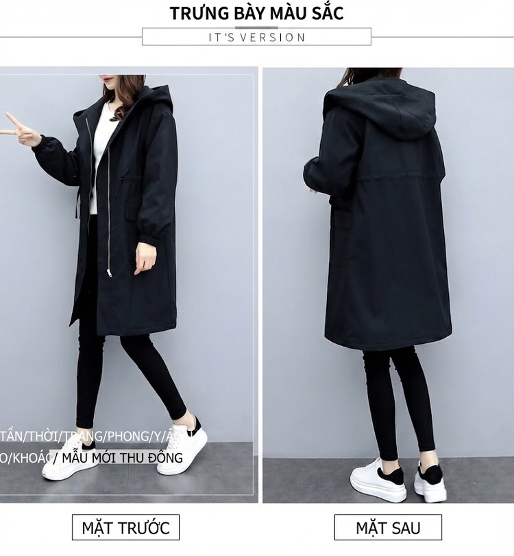 Áo Khoác Nữ Dáng Dài Cotton Lót Lông Dày Dặn Mũ Trùm Đầu Màu Đen chi tiết 6