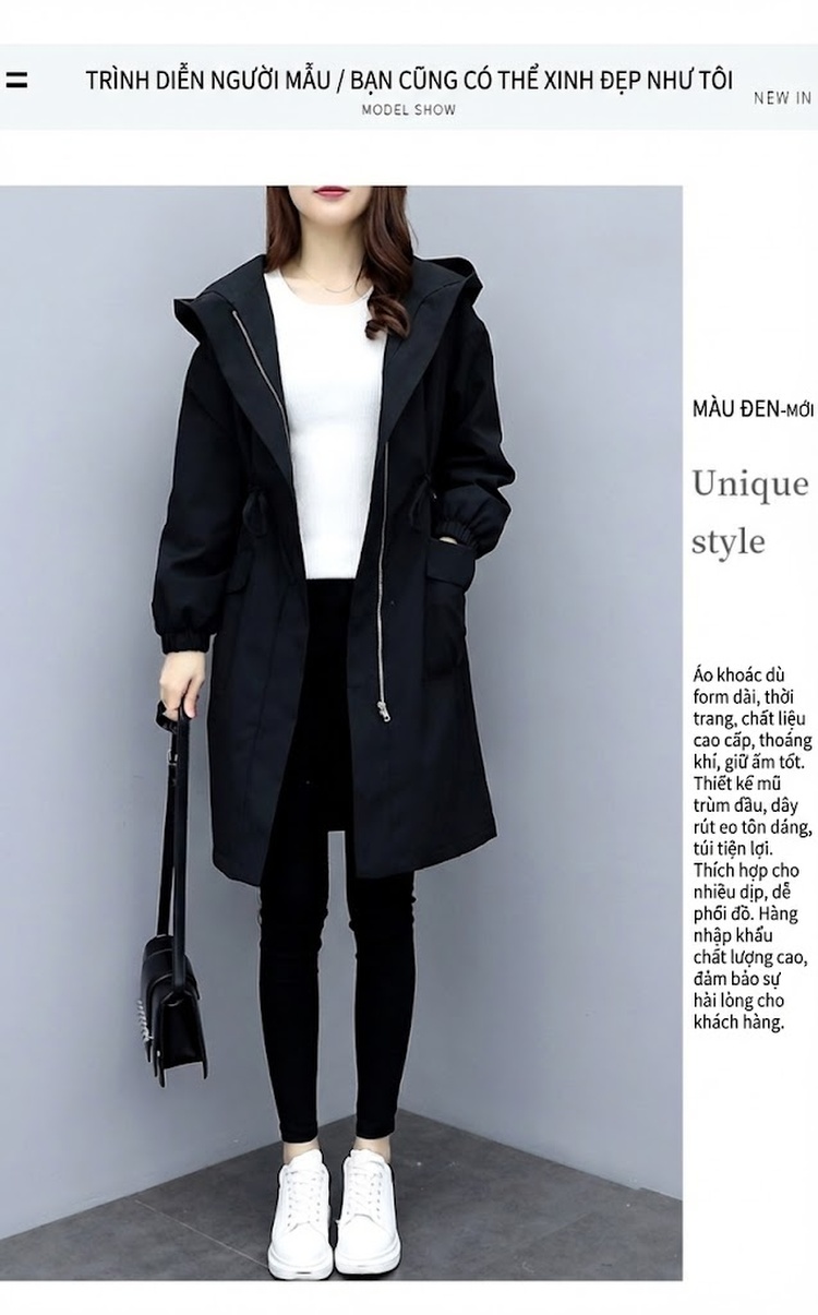 Áo Khoác Nữ Dáng Dài Cotton Lót Lông Dày Dặn Mũ Trùm Đầu Màu Đen chi tiết 7