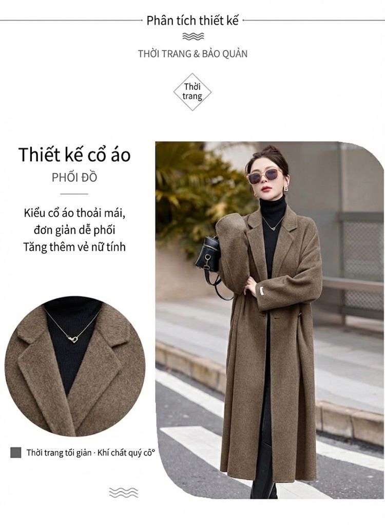 Áo Khoác Nữ Dáng Dài Vải Lông Hai Mặt Dáng Rộng Phong Cách Hàn Quốc Màu Nâu, Kem, Đen chi tiết 6