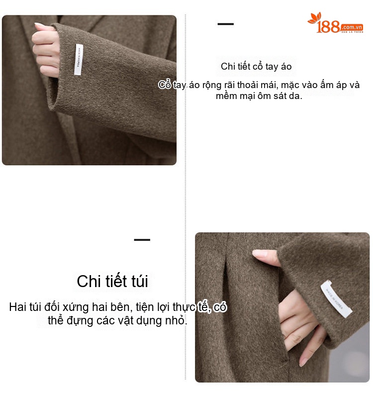 Áo Khoác Nữ Dáng Dài Vải Lông Hai Mặt Dáng Rộng Phong Cách Hàn Quốc Màu Nâu, Kem, Đen chi tiết 7