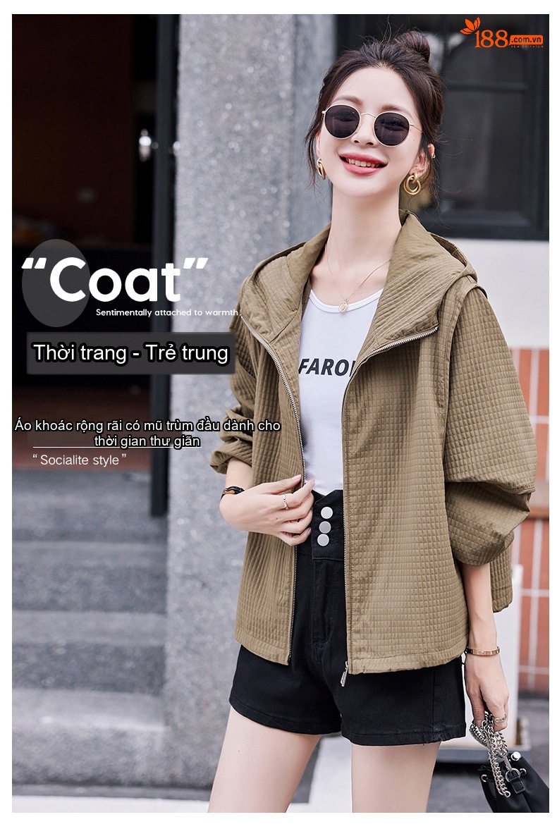 Áo Khoác Nữ Dáng Ngắn Có Mũ Trùm Đầu Thiết Kế Rộng Phong Cách Hàn Quốc Màu Xanh Olive, Nâu chi tiết 1