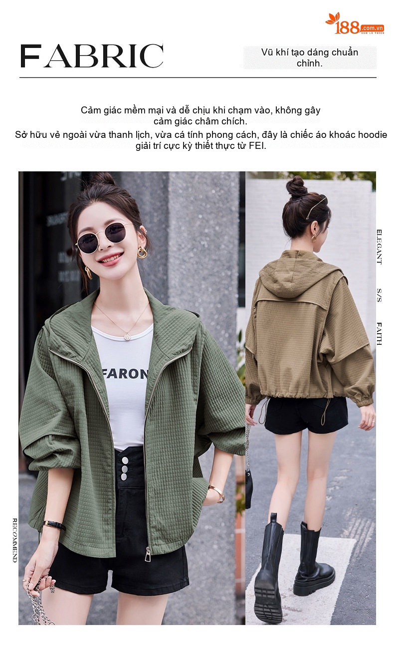 Áo Khoác Nữ Dáng Ngắn Có Mũ Trùm Đầu Thiết Kế Rộng Phong Cách Hàn Quốc Màu Xanh Olive, Nâu chi tiết 4