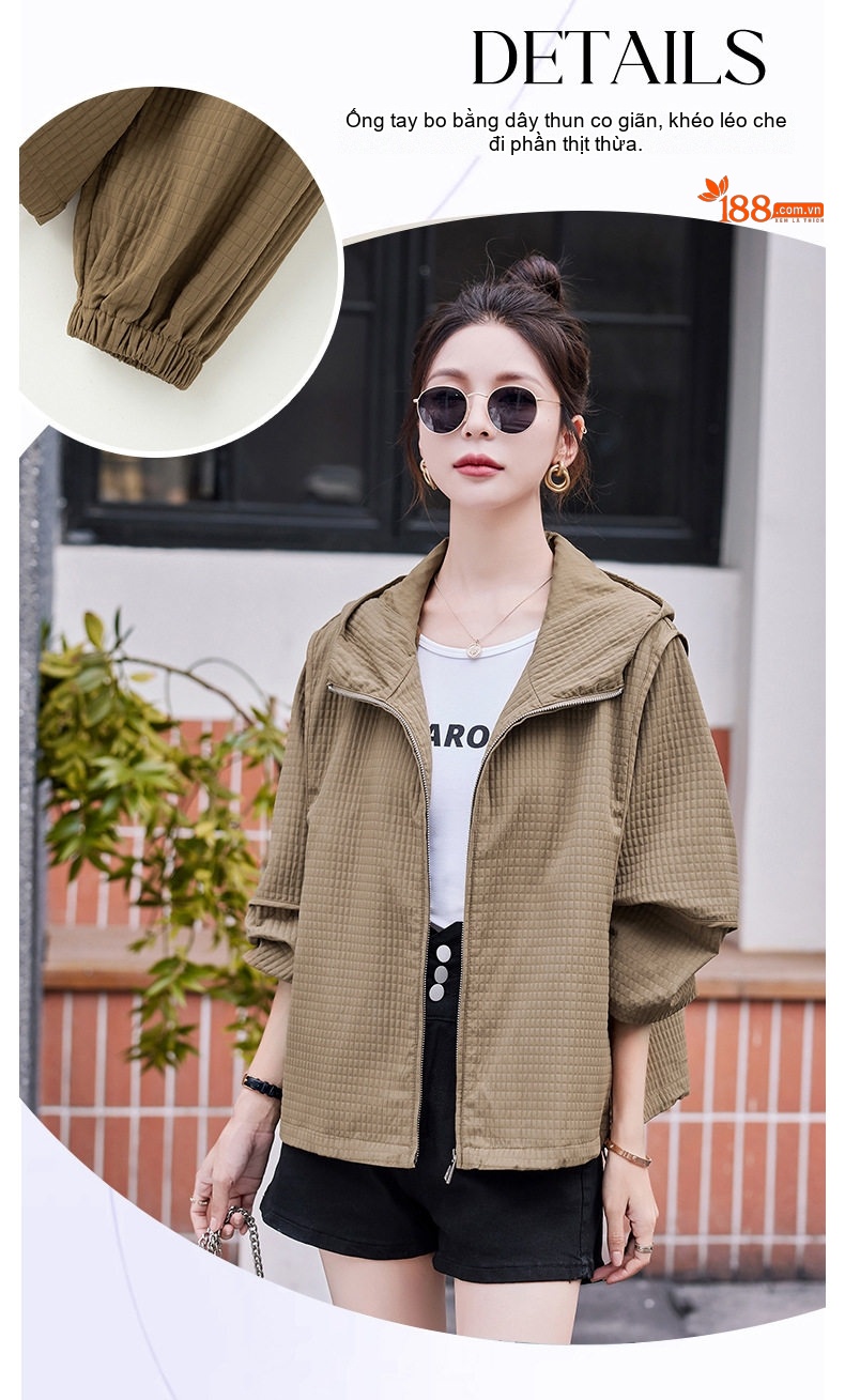 Áo Khoác Nữ Dáng Ngắn Có Mũ Trùm Đầu Thiết Kế Rộng Phong Cách Hàn Quốc Màu Xanh Olive, Nâu chi tiết 7