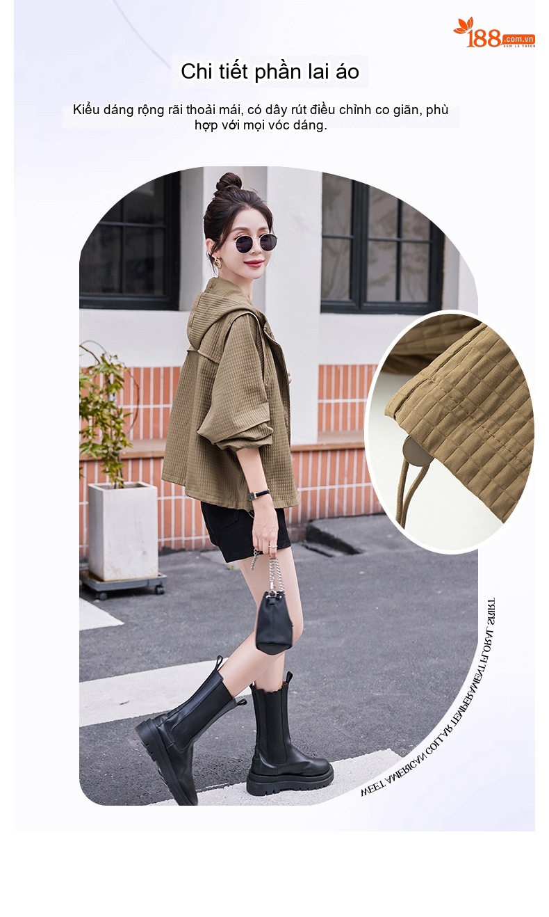 Áo Khoác Nữ Dáng Ngắn Có Mũ Trùm Đầu Thiết Kế Rộng Phong Cách Hàn Quốc Màu Xanh Olive, Nâu chi tiết 8