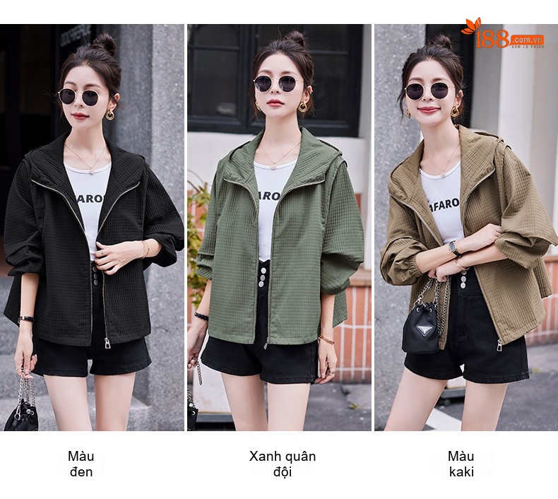 Áo Khoác Nữ Dáng Ngắn Có Mũ Trùm Đầu Thiết Kế Rộng Phong Cách Hàn Quốc Màu Xanh Olive, Nâu chi tiết 11