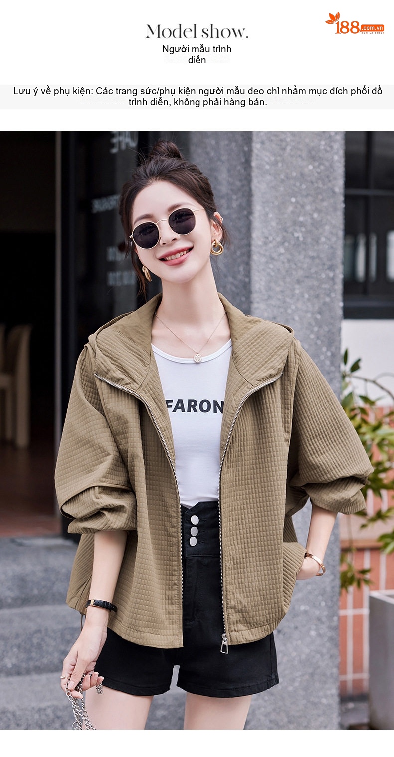 Áo Khoác Nữ Dáng Ngắn Có Mũ Trùm Đầu Thiết Kế Rộng Phong Cách Hàn Quốc Màu Xanh Olive, Nâu chi tiết 14