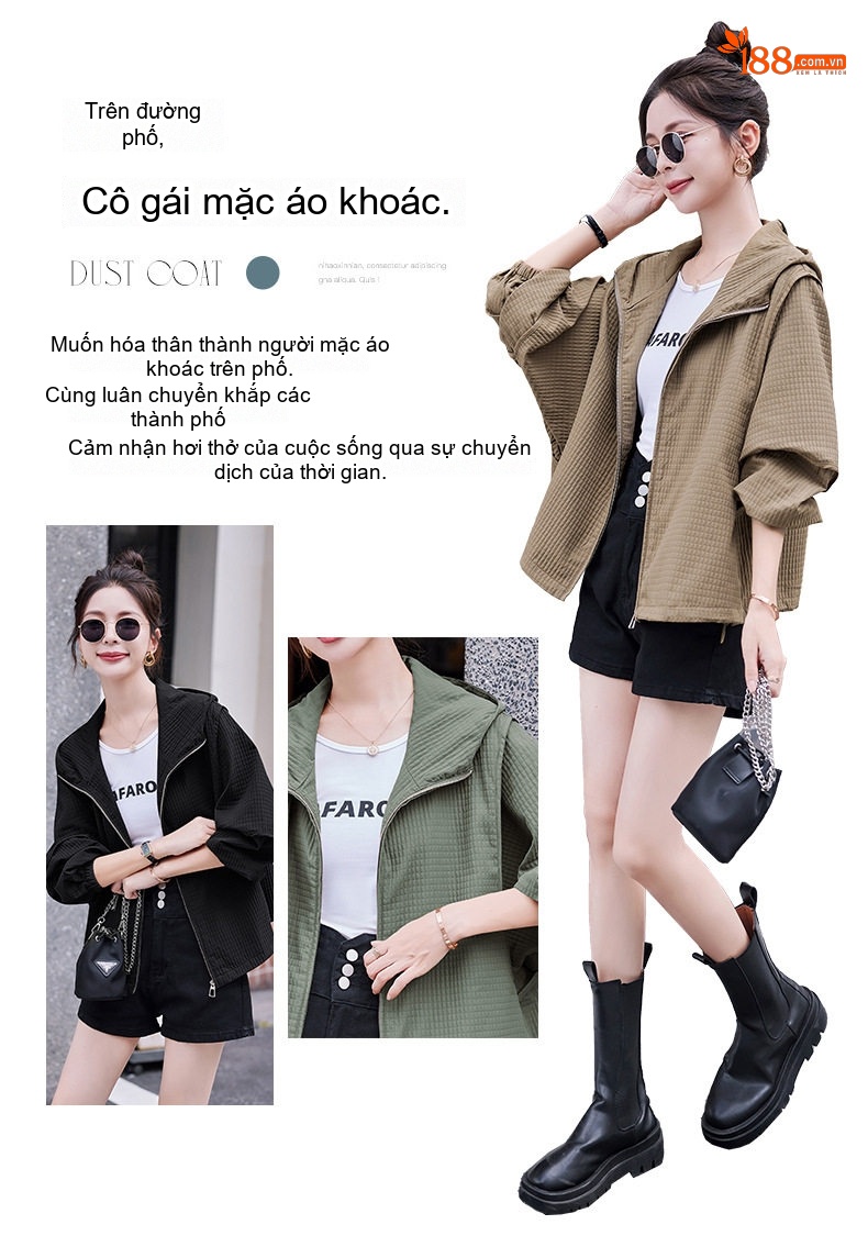 Áo Khoác Nữ Dáng Ngắn Có Mũ Trùm Đầu Thiết Kế Rộng Phong Cách Hàn Quốc Màu Xanh Olive, Nâu chi tiết 2