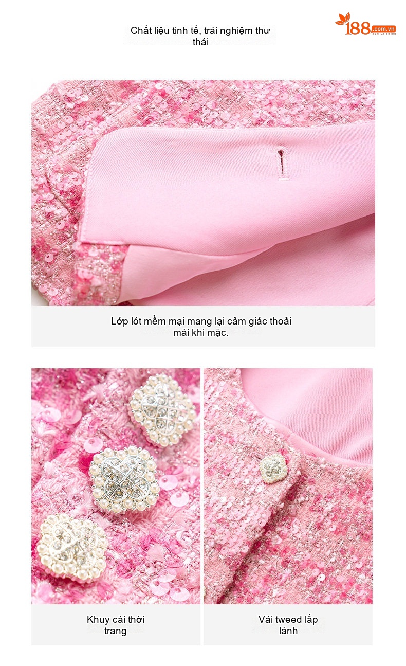 Áo Khoác Nữ Dệt Thô Tweed Lấp Lánh Thiết Kế Tiểu Thư Sang Trọng Màu Hồng chi tiết 10