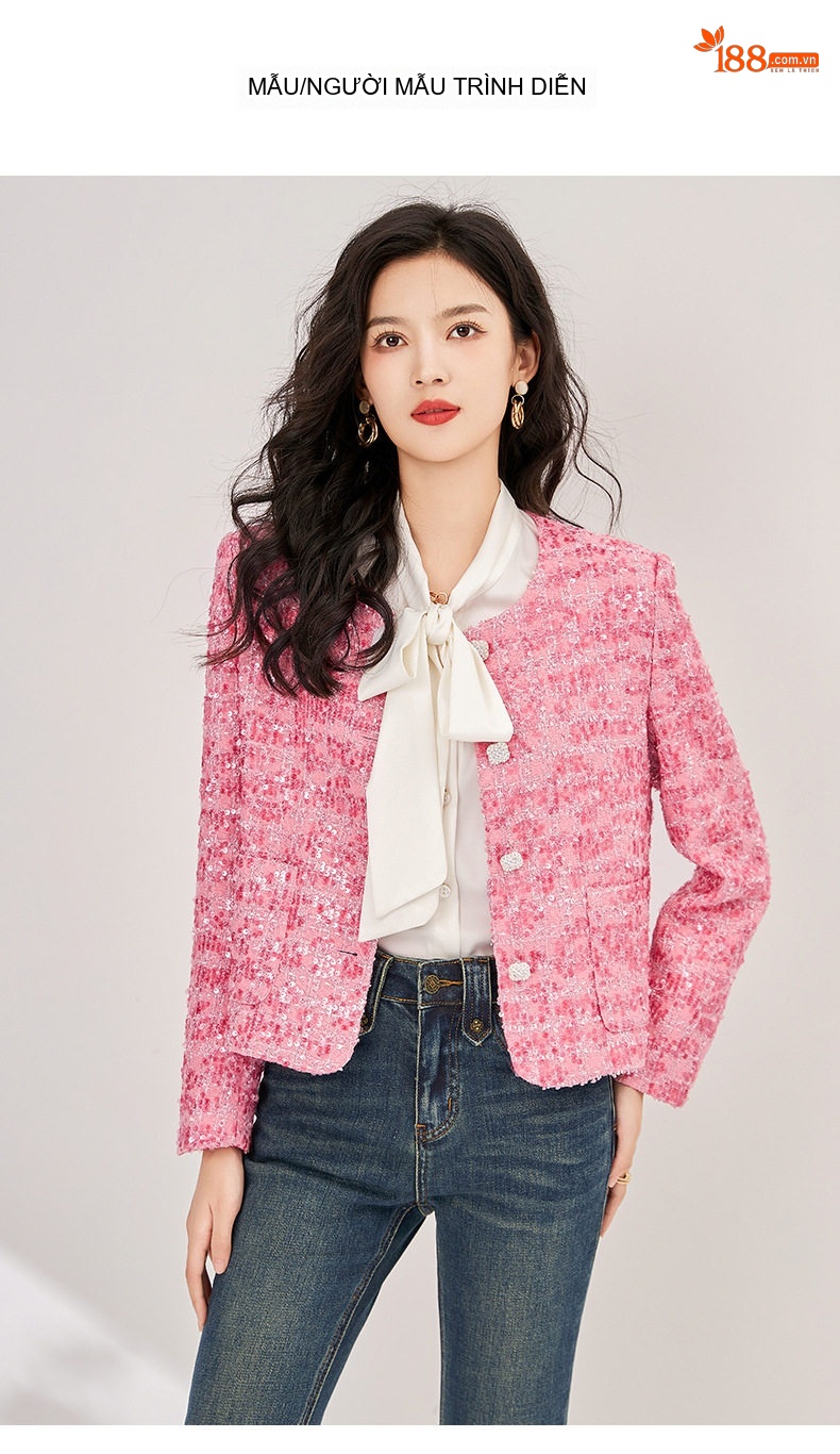 Áo Khoác Nữ Dệt Thô Tweed Lấp Lánh Thiết Kế Tiểu Thư Sang Trọng Màu Hồng chi tiết 11