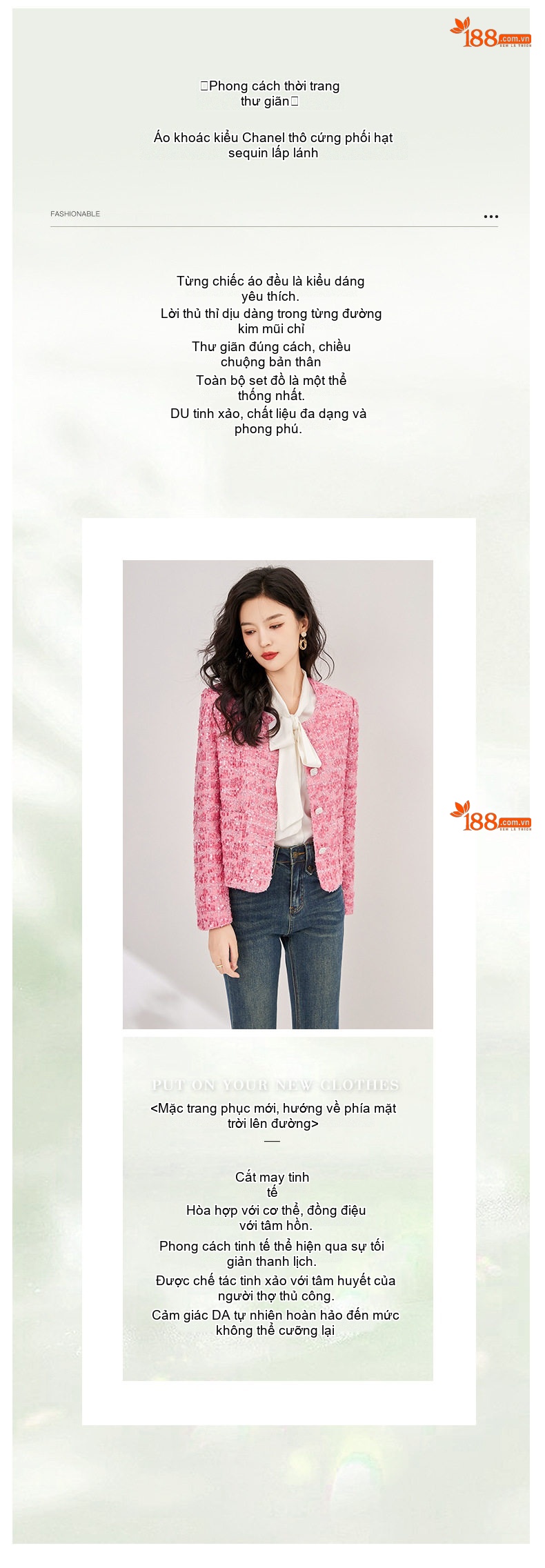 Áo Khoác Nữ Dệt Thô Tweed Lấp Lánh Thiết Kế Tiểu Thư Sang Trọng Màu Hồng chi tiết 2