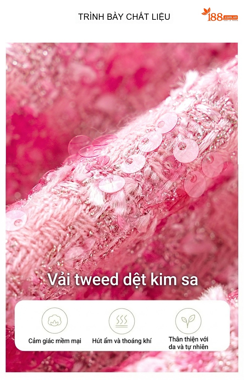 Áo Khoác Nữ Dệt Thô Tweed Lấp Lánh Thiết Kế Tiểu Thư Sang Trọng Màu Hồng chi tiết 9