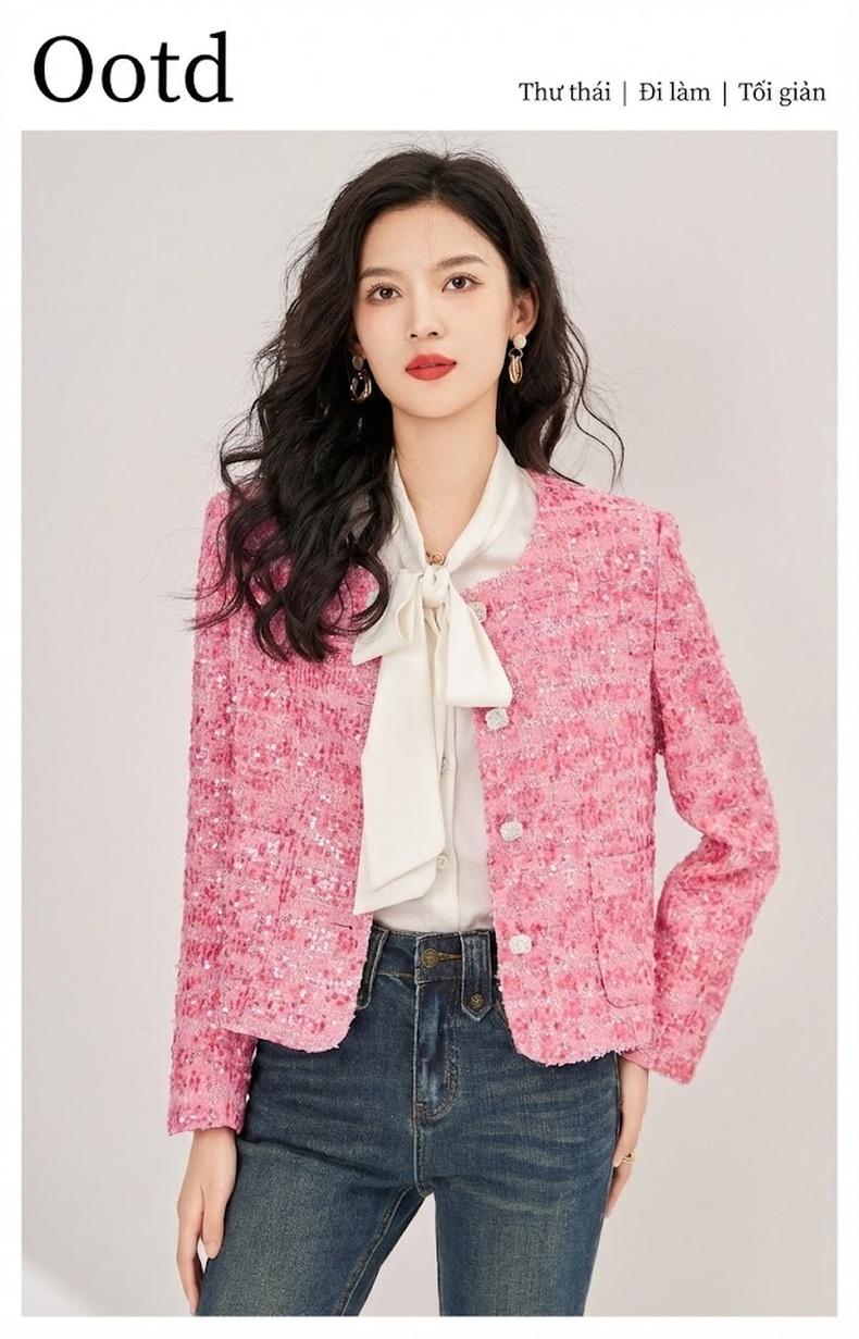 Áo Khoác Nữ Dệt Thô Tweed Lấp Lánh Thiết Kế Tiểu Thư Sang Trọng Màu Hồng chi tiết 1
