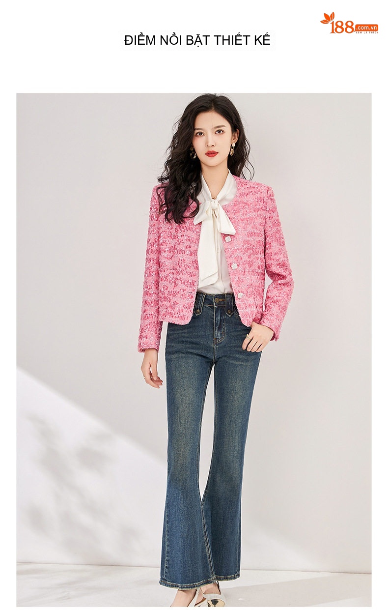 Áo Khoác Nữ Dệt Thô Tweed Lấp Lánh Thiết Kế Tiểu Thư Sang Trọng Màu Hồng chi tiết 4