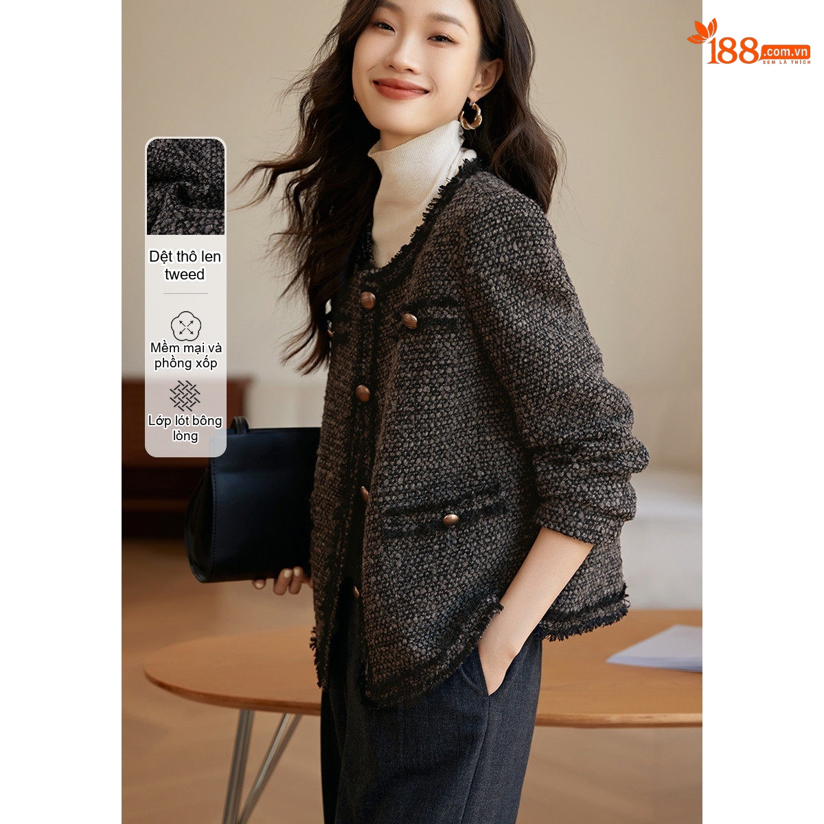 Áo Khoác Nữ Dệt Thô Tweed Lót Bông Dày Dặn Phong Cách Quý Cô Màu Xám, Đen