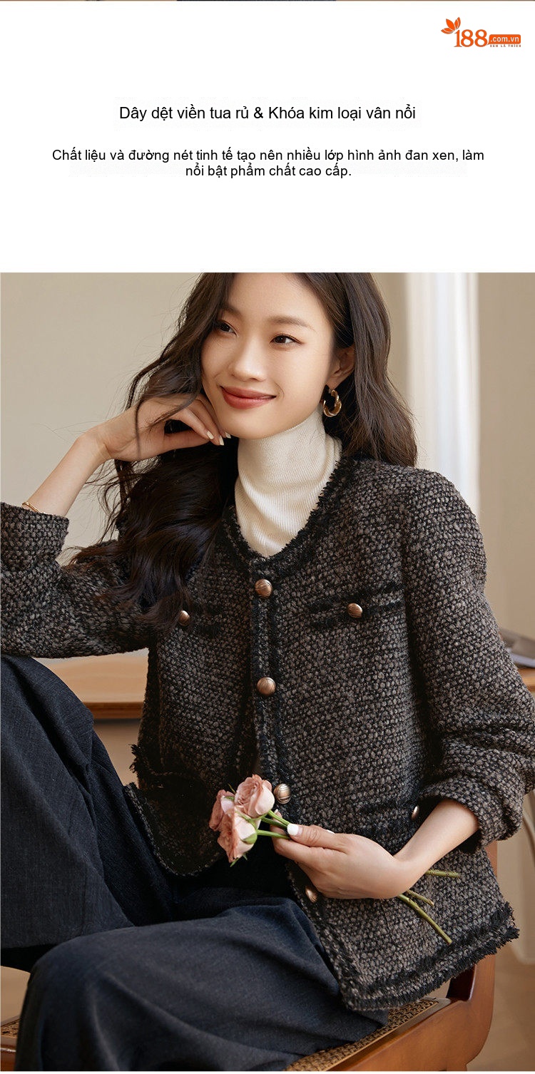 Áo Khoác Nữ Dệt Thô Tweed Lót Bông Dày Dặn Phong Cách Quý Cô Màu Xám, Đen chi tiết 4