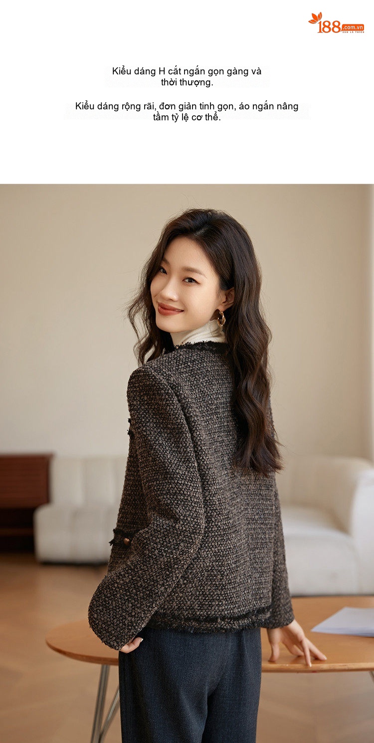 Áo Khoác Nữ Dệt Thô Tweed Lót Bông Dày Dặn Phong Cách Quý Cô Màu Xám, Đen chi tiết 6
