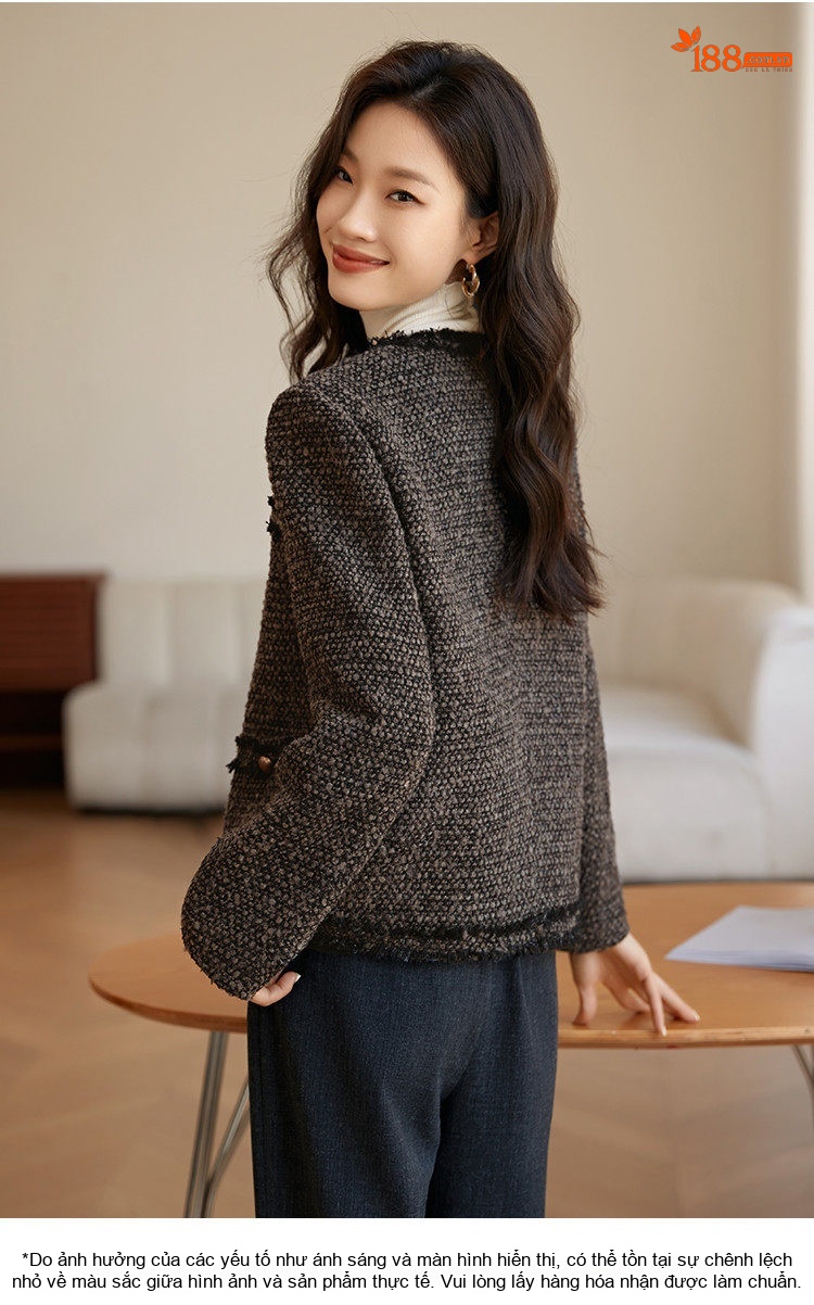 Áo Khoác Nữ Dệt Thô Tweed Lót Bông Dày Dặn Phong Cách Quý Cô Màu Xám, Đen chi tiết 10
