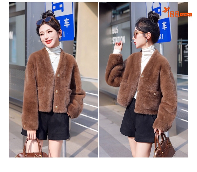 Áo Khoác Nữ Kiểu Croptop V Cổ Giả Lông Chồn Dáng Ngắn Dày Dặn Màu Nâu, Trắng chi tiết 3