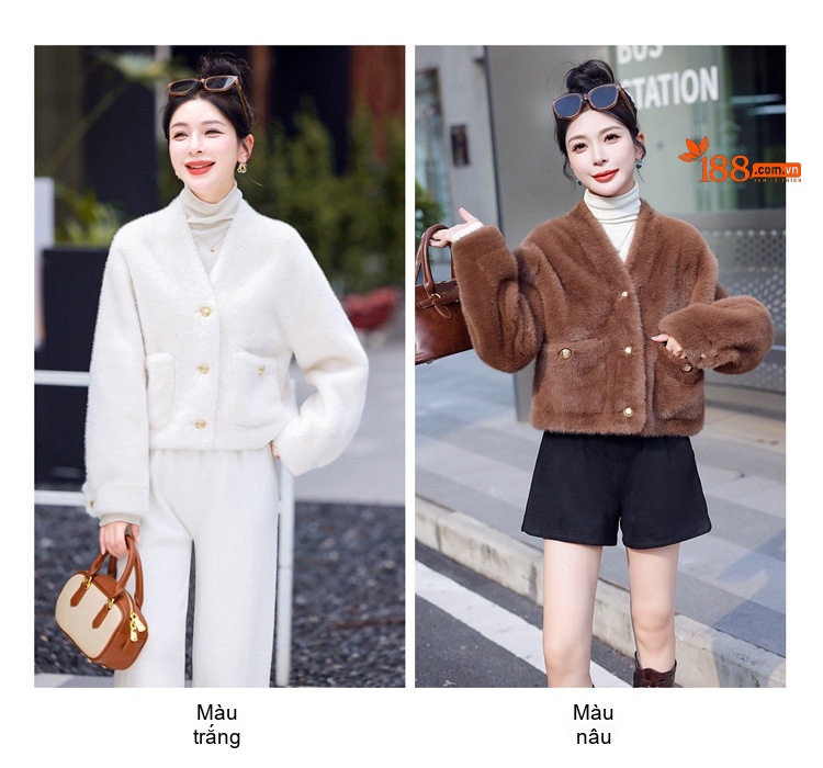 Áo Khoác Nữ Kiểu Croptop V Cổ Giả Lông Chồn Dáng Ngắn Dày Dặn Màu Nâu, Trắng chi tiết 18