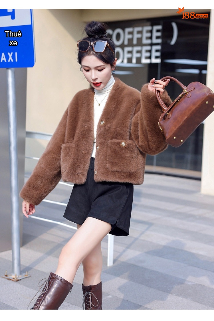 Áo Khoác Nữ Kiểu Croptop V Cổ Giả Lông Chồn Dáng Ngắn Dày Dặn Màu Nâu, Trắng chi tiết 28