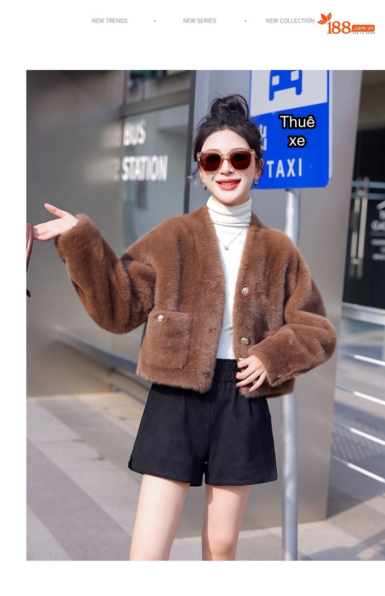 Áo Khoác Nữ Kiểu Croptop V Cổ Giả Lông Chồn Dáng Ngắn Dày Dặn Màu Nâu, Trắng chi tiết 29