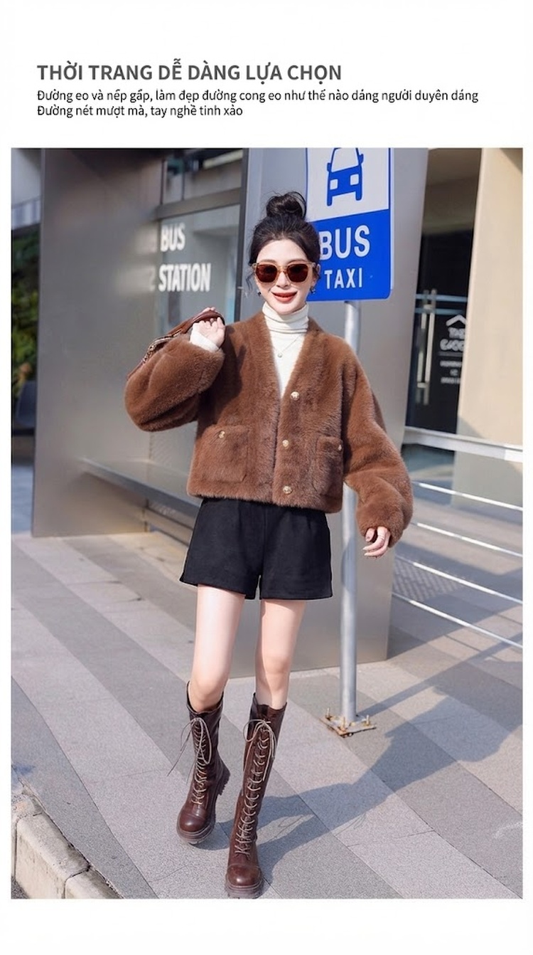 Áo Khoác Nữ Kiểu Croptop V Cổ Giả Lông Chồn Dáng Ngắn Dày Dặn Màu Nâu, Trắng chi tiết 33