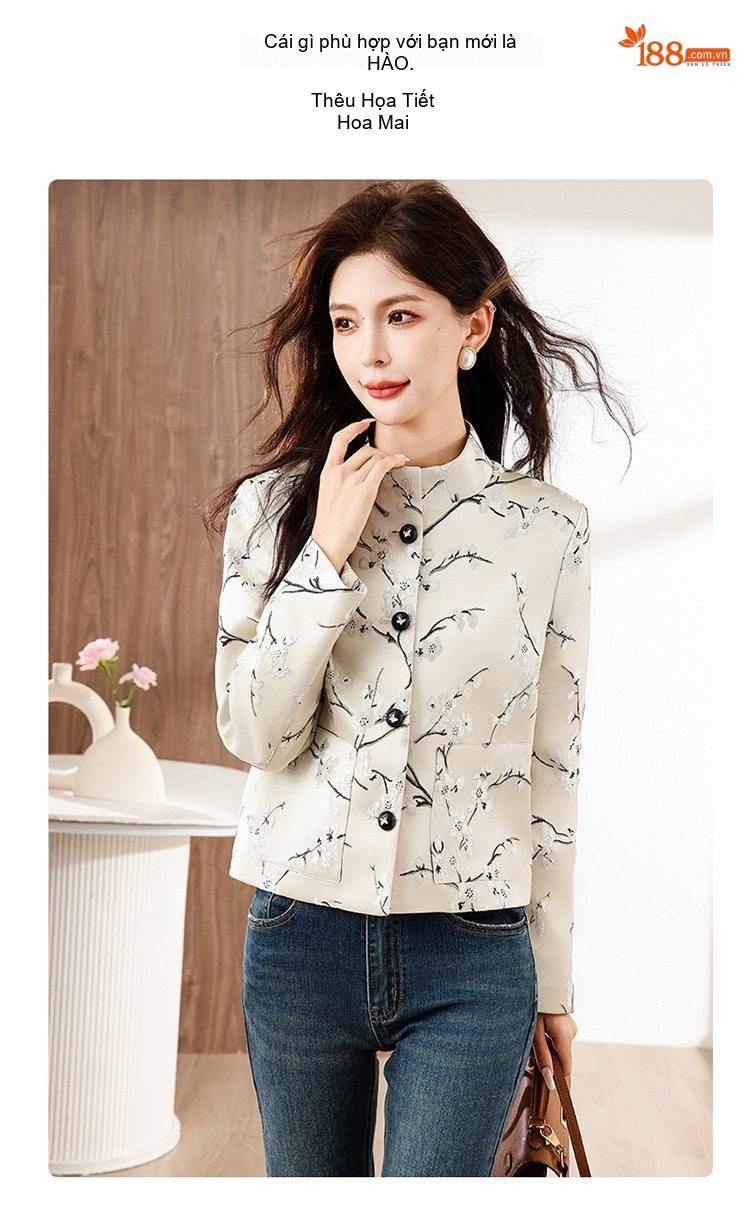Áo Khoác Nữ Kiểu Trung Quốc Thêu Hoa Jacquard Cổ Trụ Phong Cách Retro Màu Kem chi tiết 2