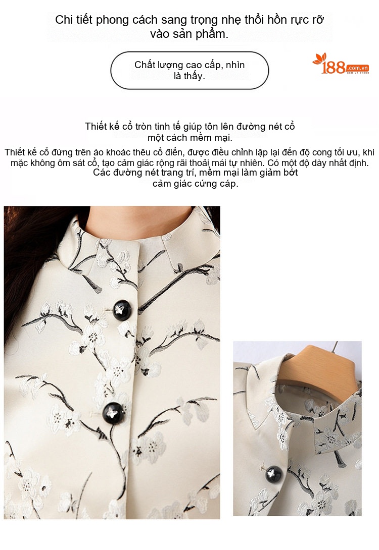 Áo Khoác Nữ Kiểu Trung Quốc Thêu Hoa Jacquard Cổ Trụ Phong Cách Retro Màu Kem chi tiết 5