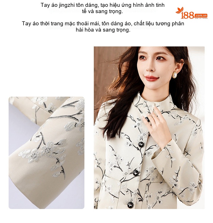 Áo Khoác Nữ Kiểu Trung Quốc Thêu Hoa Jacquard Cổ Trụ Phong Cách Retro Màu Kem chi tiết 6