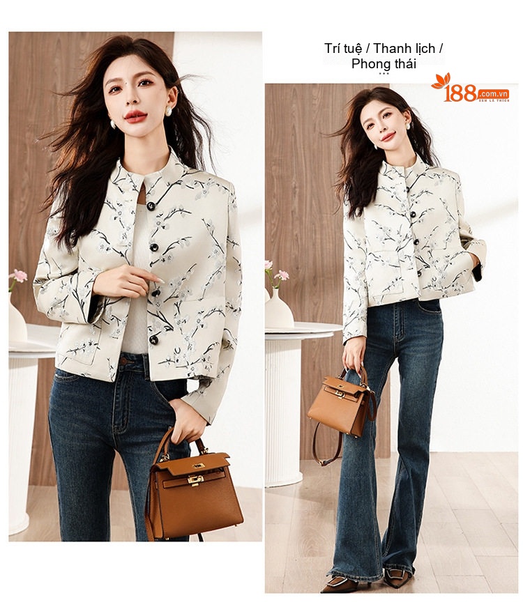 Áo Khoác Nữ Kiểu Trung Quốc Thêu Hoa Jacquard Cổ Trụ Phong Cách Retro Màu Kem chi tiết 15