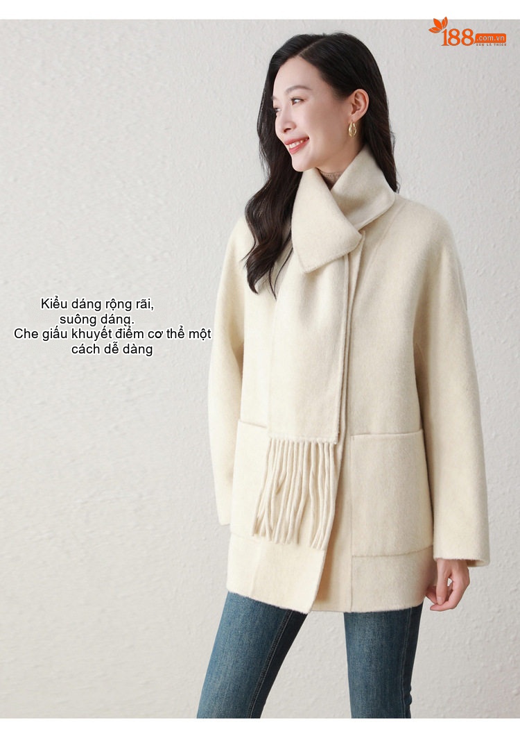 Áo Khoác Nữ Lông Cừu Dáng Rộng Dài Vừa Kèm Khăn Choàng Màu Xám, Kem, Nâu chi tiết 12