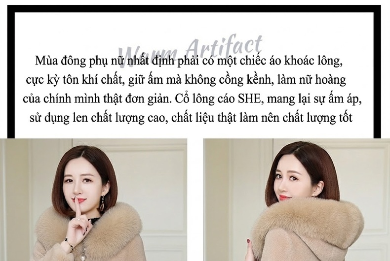 Áo Khoác Nữ Lông Cừu Ép Da Lộn Lót Lông Cừu Non Cổ Lông Thú Liền Mũ Trùm Đầu Màu Be, Tím, Xanh Dương chi tiết 2