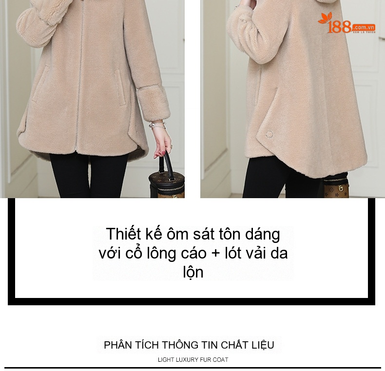 Áo Khoác Nữ Lông Cừu Ép Da Lộn Lót Lông Cừu Non Cổ Lông Thú Liền Mũ Trùm Đầu Màu Be, Tím, Xanh Dương chi tiết 3