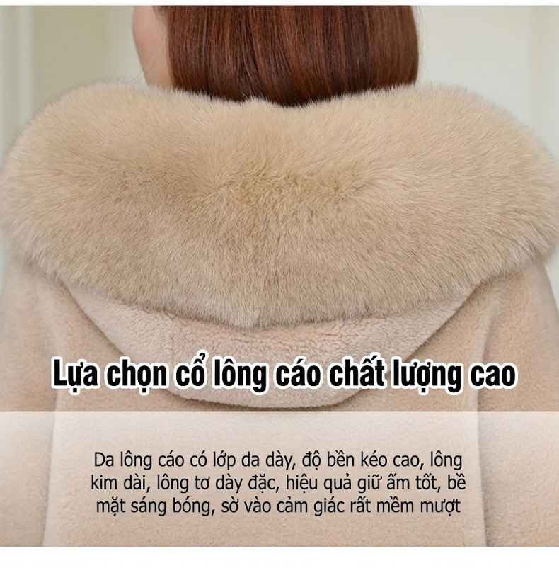 Áo Khoác Nữ Lông Cừu Ép Da Lộn Lót Lông Cừu Non Cổ Lông Thú Liền Mũ Trùm Đầu Màu Be, Tím, Xanh Dương chi tiết 5