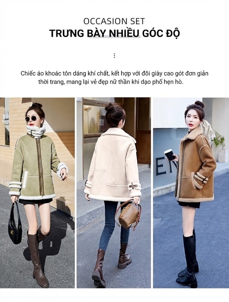 Áo Khoác Nữ Lông Cừu Non Lót Nhung Dày Dặn Phong Cách Tiểu Thư Màu Be, Nâu, Xanh Rêu chi tiết 4