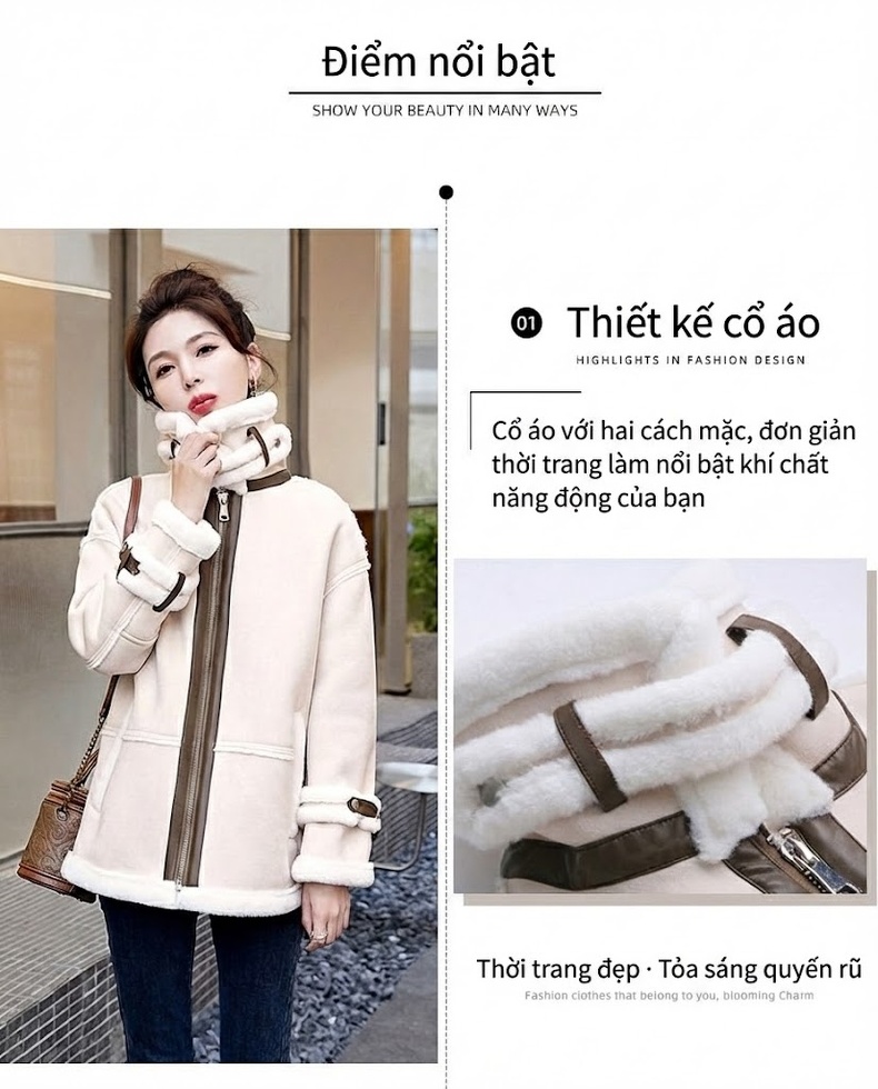 Áo Khoác Nữ Lông Cừu Non Lót Nhung Dày Dặn Phong Cách Tiểu Thư Màu Be, Nâu, Xanh Rêu chi tiết 5
