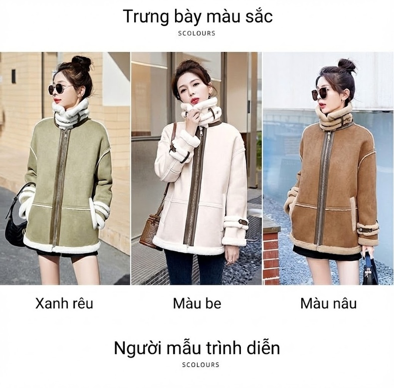 Áo Khoác Nữ Lông Cừu Non Lót Nhung Dày Dặn Phong Cách Tiểu Thư Màu Be, Nâu, Xanh Rêu chi tiết 10