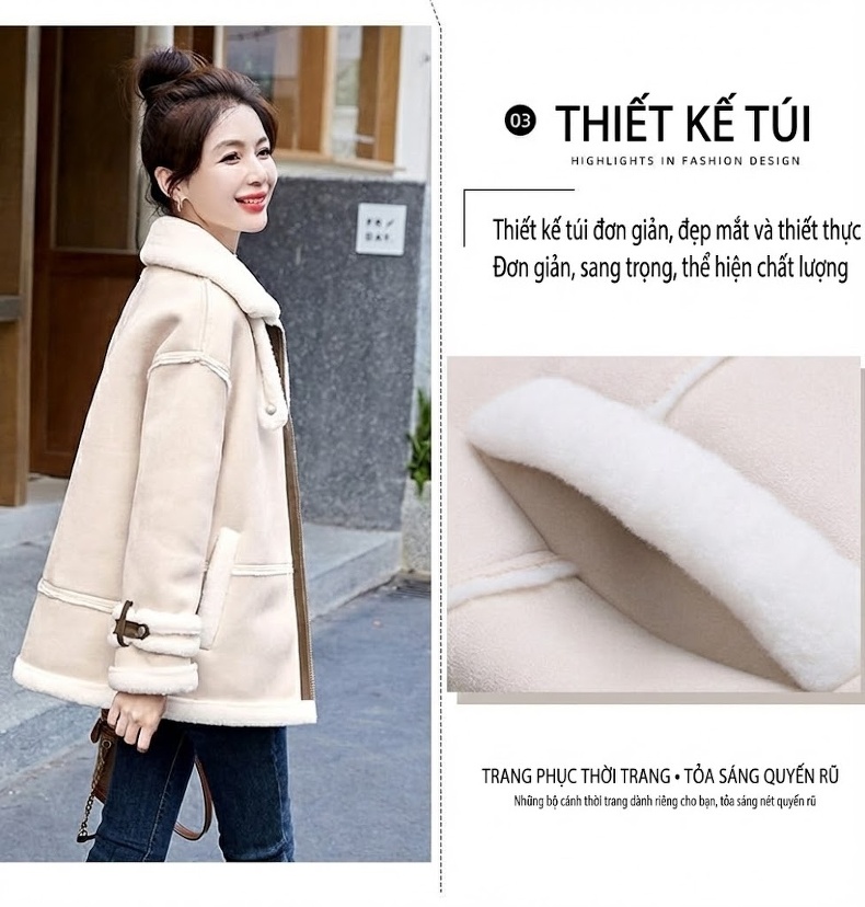 Áo Khoác Nữ Lông Cừu Non Lót Nhung Dày Dặn Phong Cách Tiểu Thư Màu Be, Nâu, Xanh Rêu chi tiết 7