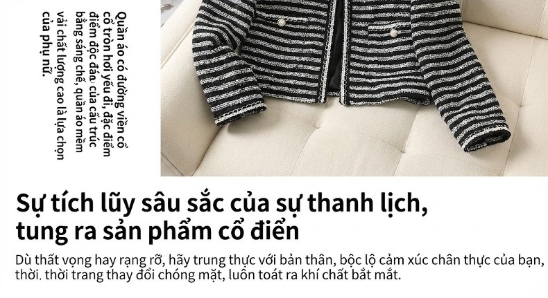 Áo Khoác Nữ Lông Cừu Non Phong Cách Tiểu Thư Ngắn Tay Dày Dặn Mùa Đông Kẻ Sọc Đen, Trắng chi tiết 12