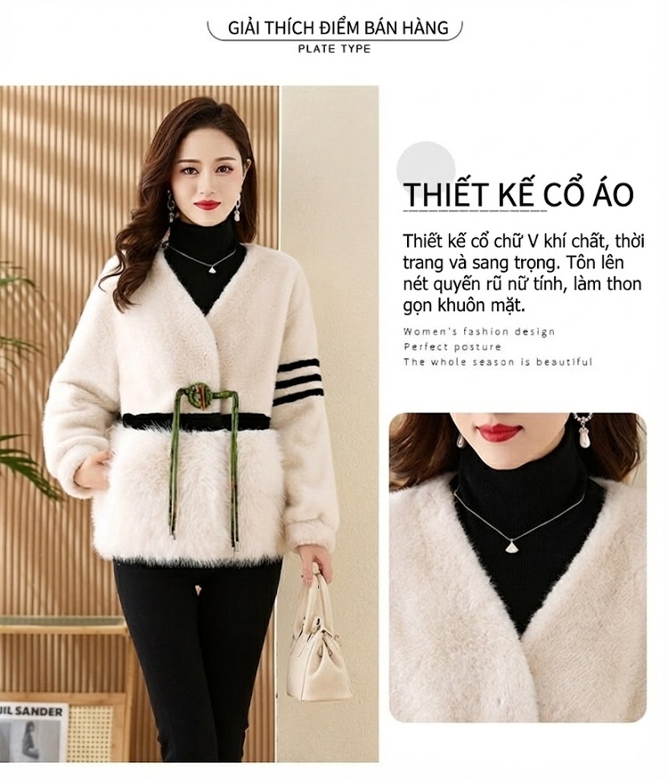 Áo Khoác Nữ Lông Giả Dáng Ngắn Cổ chữ V Pháp Điệu Khuy Cài Màu Trắng Kem chi tiết 4