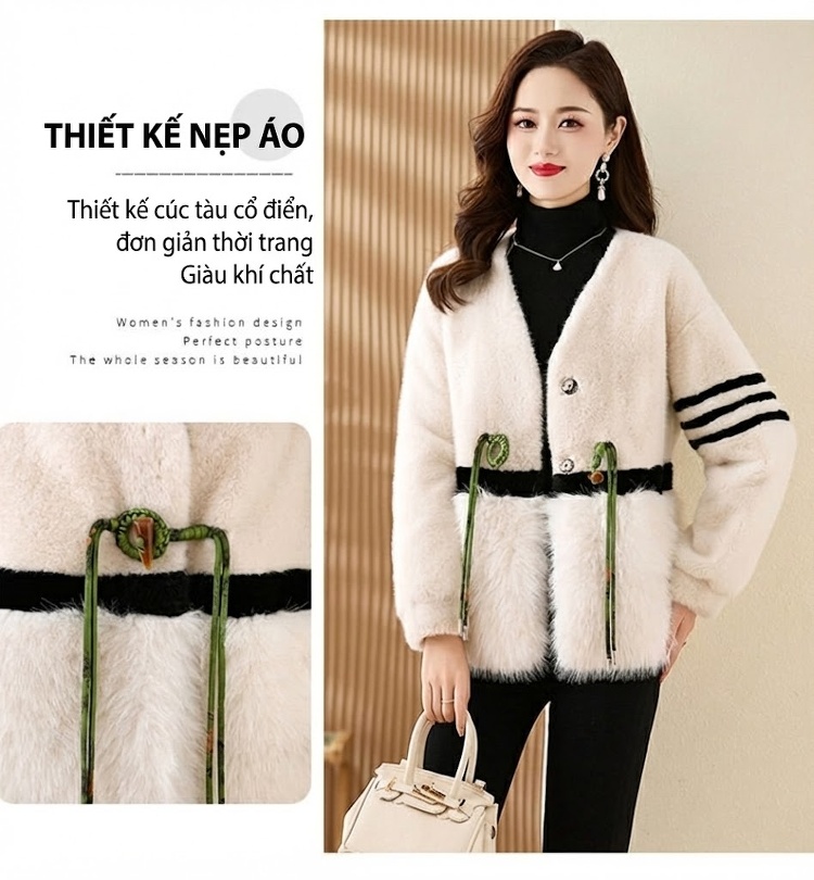 Áo Khoác Nữ Lông Giả Dáng Ngắn Cổ chữ V Pháp Điệu Khuy Cài Màu Trắng Kem chi tiết 5