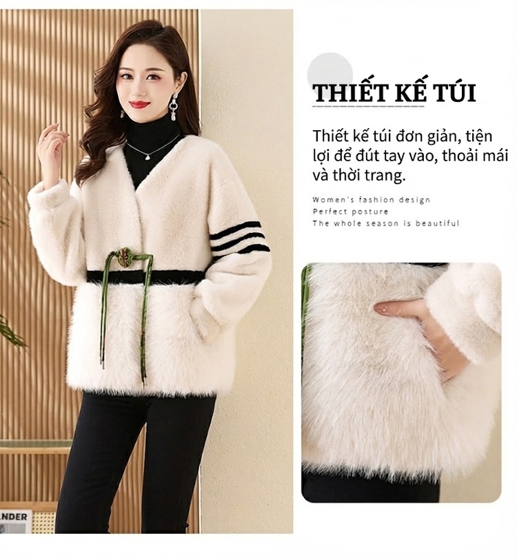Áo Khoác Nữ Lông Giả Dáng Ngắn Cổ chữ V Pháp Điệu Khuy Cài Màu Trắng Kem chi tiết 6