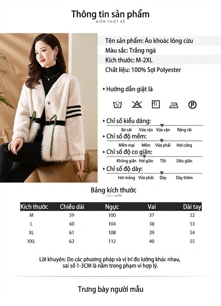 Áo Khoác Nữ Lông Giả Dáng Ngắn Cổ chữ V Pháp Điệu Khuy Cài Màu Trắng Kem chi tiết 1