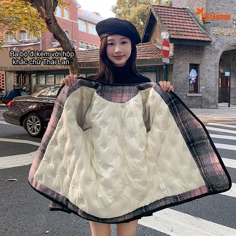 Áo Khoác Nữ Lông Vũ Lót Nỉ Dạ Tweed Phong Cách Tiểu Thư Màu Hồng, Xám, Trắng