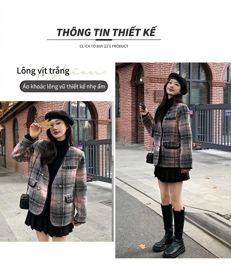 Áo Khoác Nữ Lông Vũ Lót Nỉ Dạ Tweed Phong Cách Tiểu Thư Màu Hồng, Xám, Trắng chi tiết 8