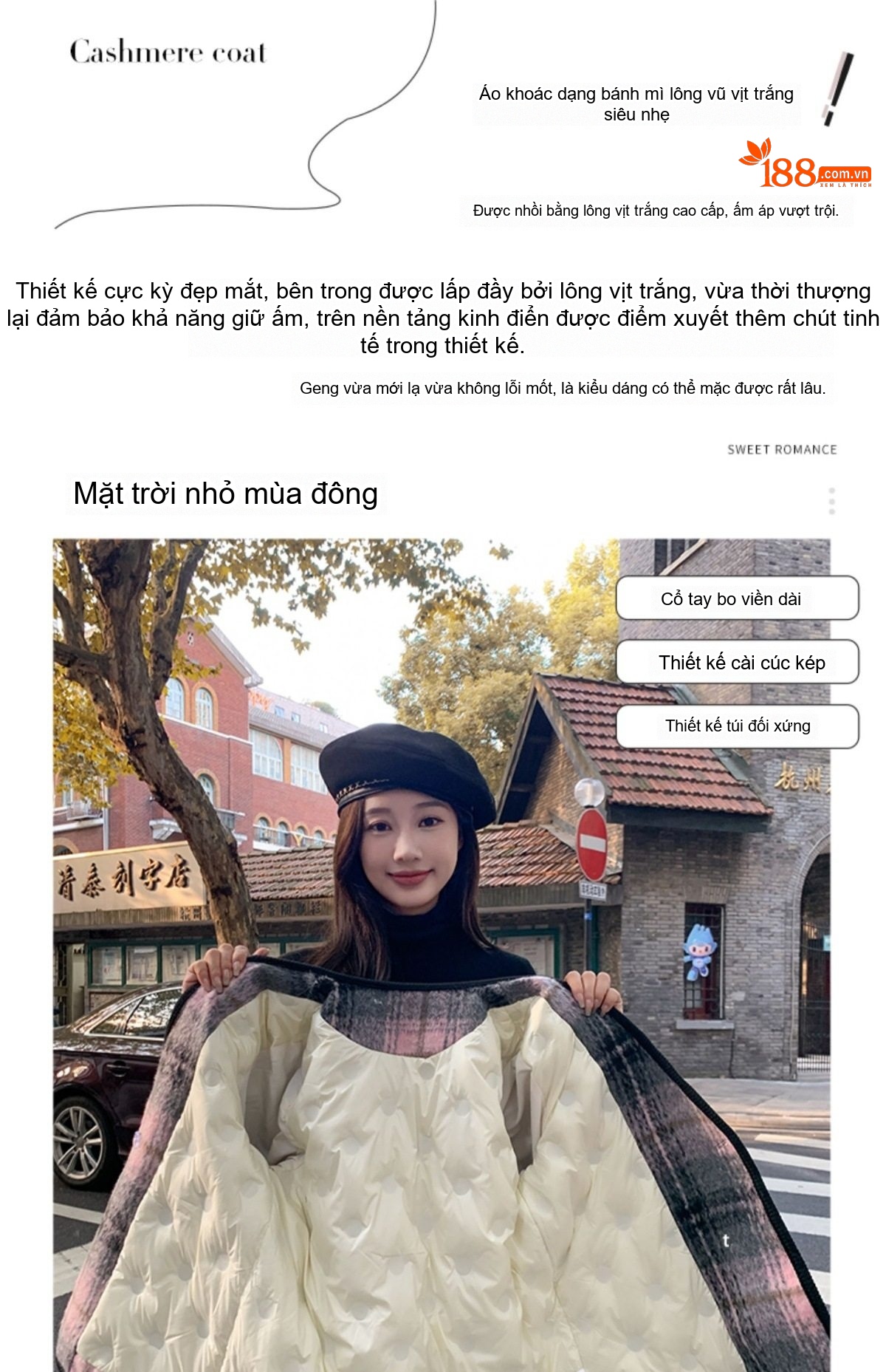 Áo Khoác Nữ Lông Vũ Lót Nỉ Dạ Tweed Phong Cách Tiểu Thư Màu Hồng, Xám, Trắng chi tiết 2