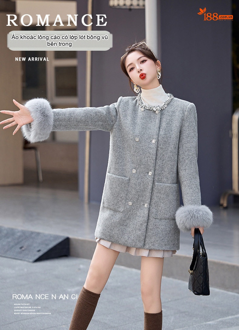 Áo Khoác Nữ Lót Lông Vũ Dáng Ôm Vừa Vặn Phong Cách Tiểu Thư Màu Be, Xám chi tiết 1