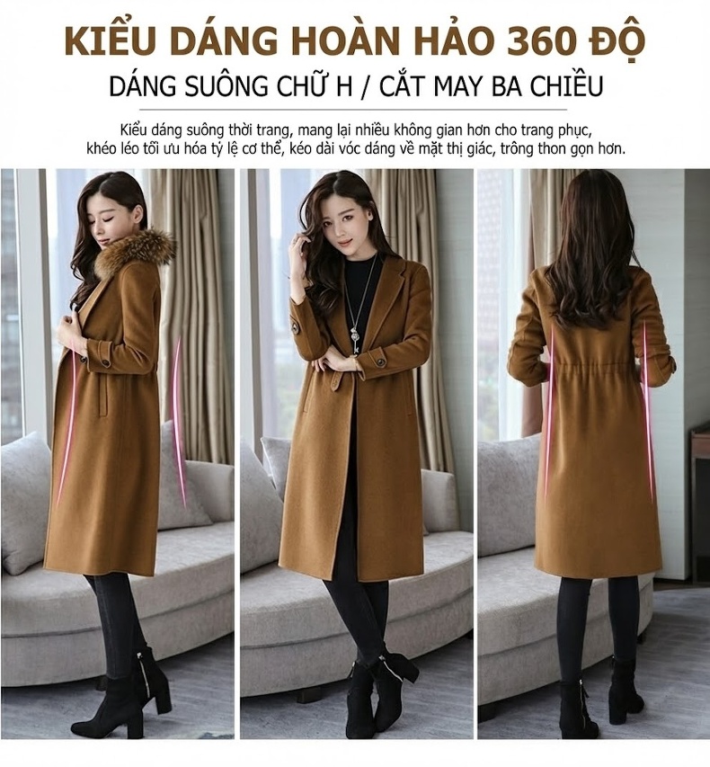 Áo Khoác Nữ Măng Tô Dáng Dài Vải Lông Cừu Thời Trang Thu Đông Màu Nâu chi tiết 3