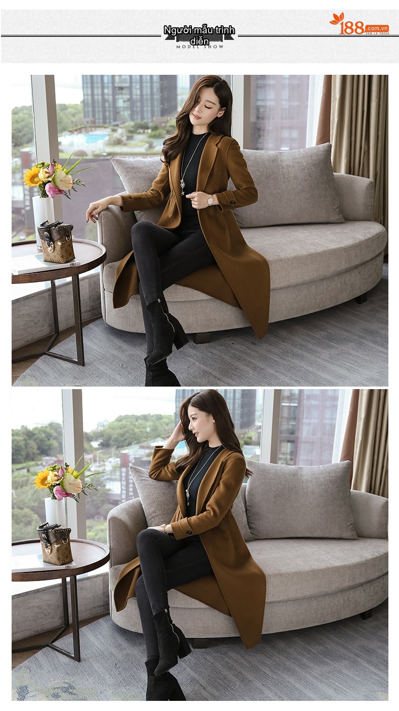 Áo Khoác Nữ Măng Tô Dáng Dài Vải Lông Cừu Thời Trang Thu Đông Màu Nâu chi tiết 6
