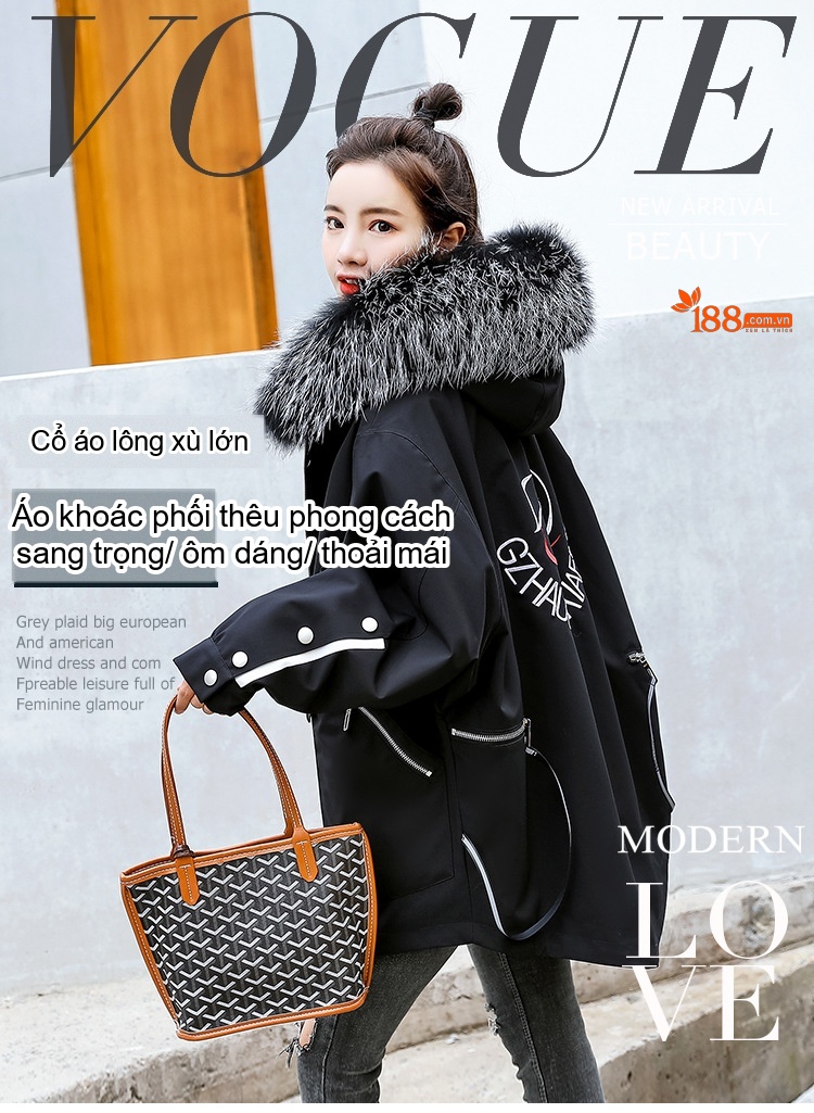 Áo Khoác Nữ Mùa Đông Cotton Lót Lông Thêu Hình Oversize Phong Cách Hàn Quốc Màu Đen chi tiết 1